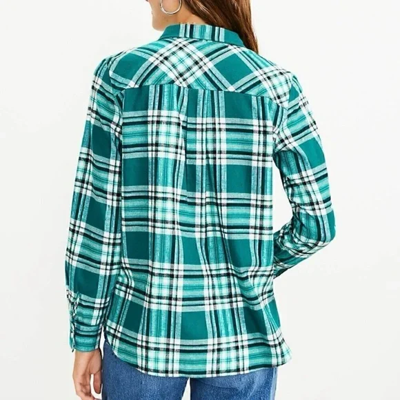 NWT LOFT Green Teal & White Plaid Flannel Shirt - XS - Picture 2 of 6